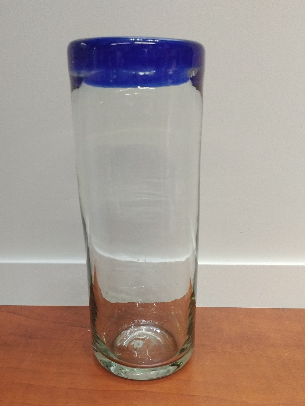 Tall Mexican Artisan Hand blown Clear Glass Vase with Blue Rim